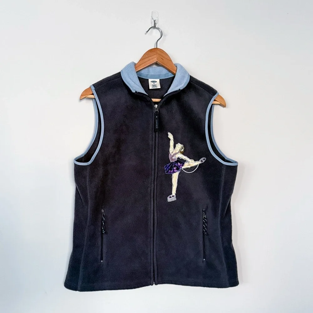 Vintage Y2K 2003 Old Navy Navy Zip Up Figure Skater Embroidered Fleece Vest